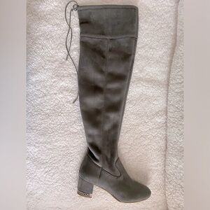 Grey Michael Kors over the knee boots, unique chain inset on heel